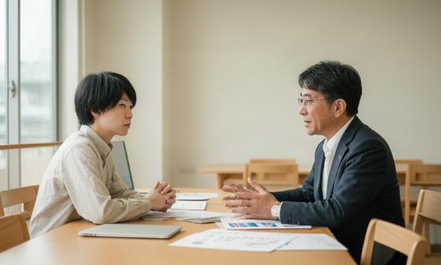 香川県の中小企業の職場で、管理職と若手社員が業務の振り返りを行う様子
